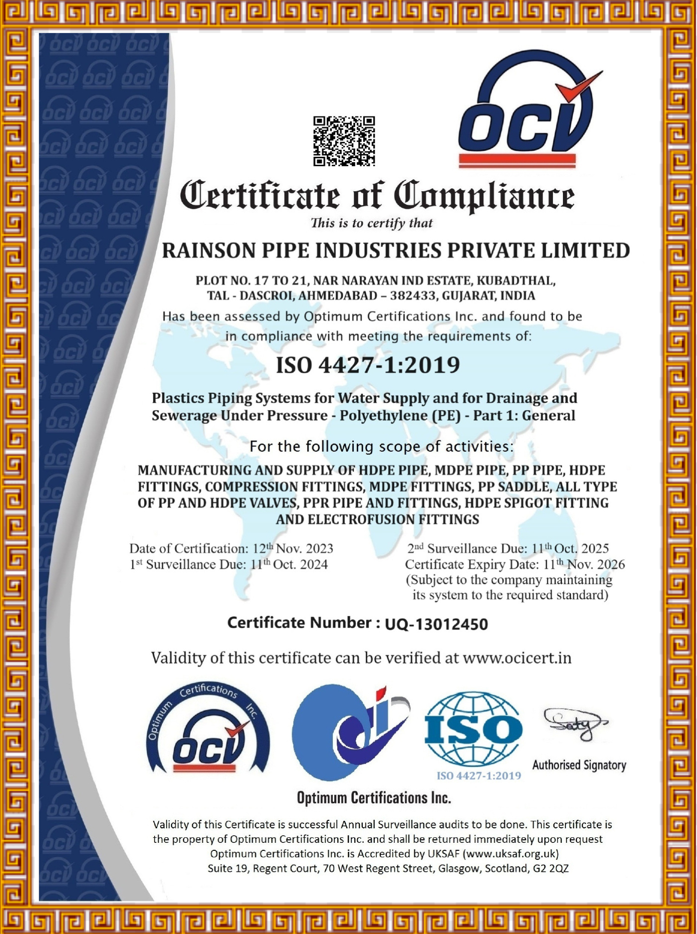 Rainson ISO 4427 1 2019 Certificate