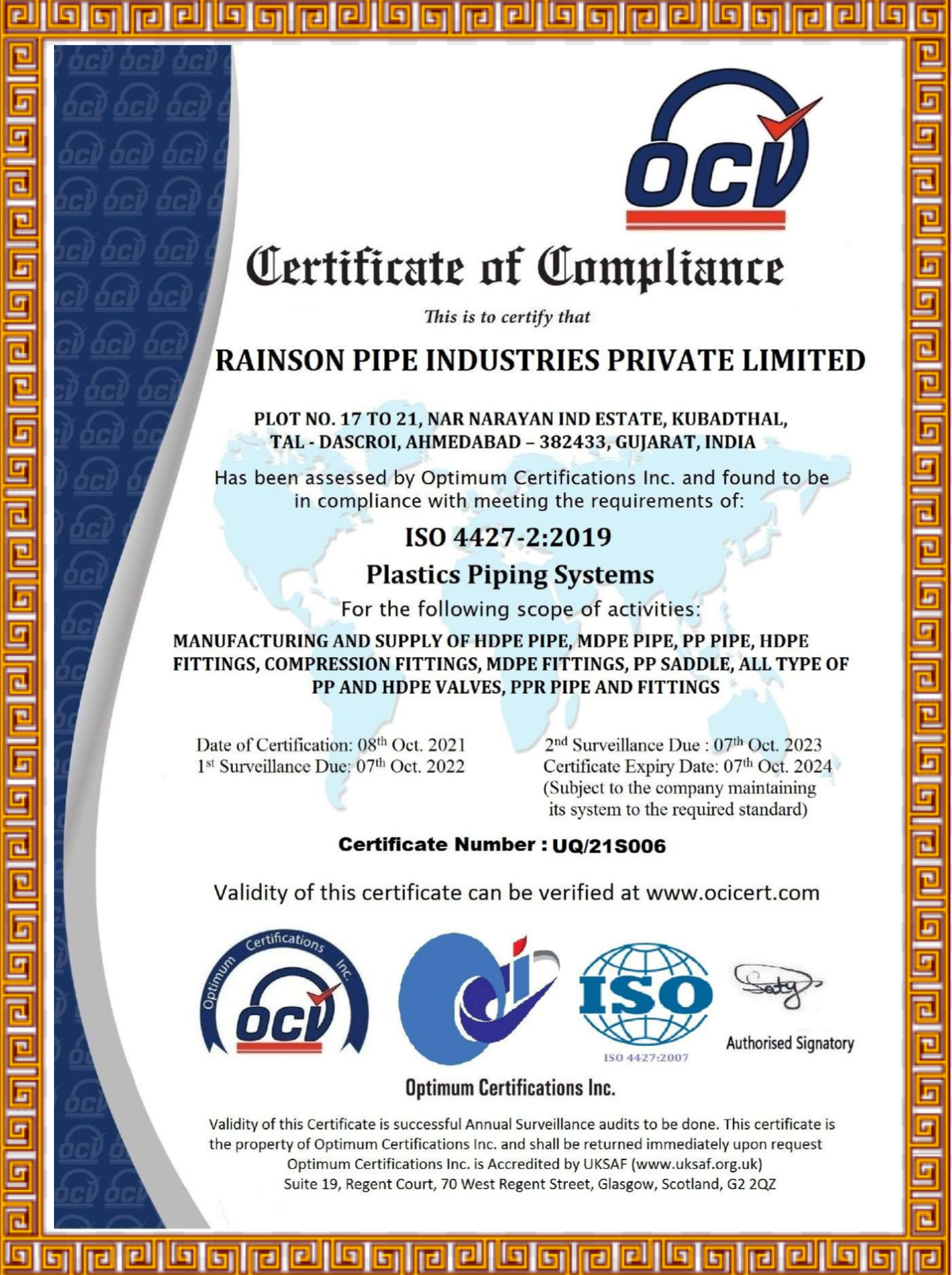 Rainson ISO 4427 2 2019 Certificate